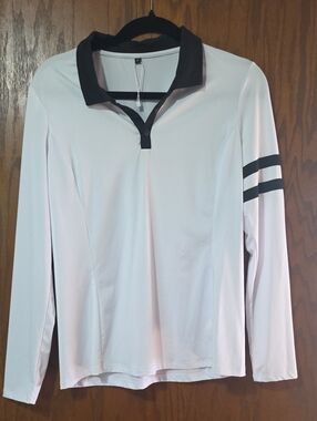 Women’s Golf Long-Sleeve Polo with Contrast Black Collar - White/Black